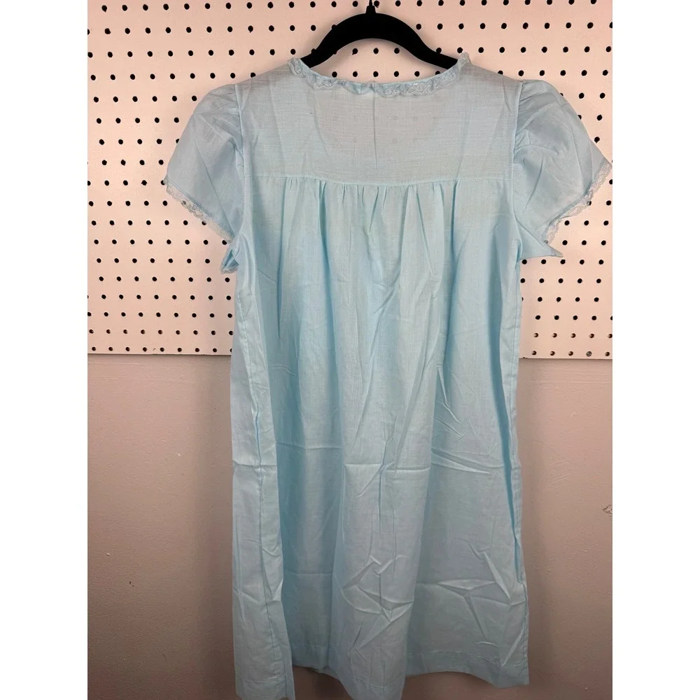 Vtg Katz Blue House Dress Embroidered Lace Puff‎ Sleeve Cottagecore Grannycore